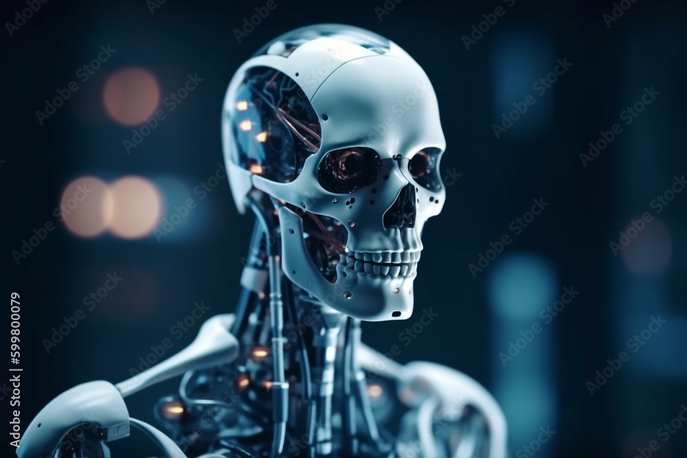 new medical technologies for the study of the human body. close - up of a human skeleton with lights in the background . Generative Ai new medical technologies for the study of the human body. close - up of a human skeleton with lights in the background . Generative Ai