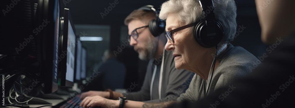 pensioners learn computer literacy.  man and a woman wearing headphones while sitting at a computer. Generative Ai