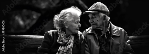 romantic memories of an elderly couple. black and white photo of an older couple. Generative Ai © PETR BABKIN