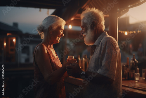 An elderly man and woman stand in a bar by the water at sunset. Romantic evening. older man and woman holding a glass of wine. Generative Ai