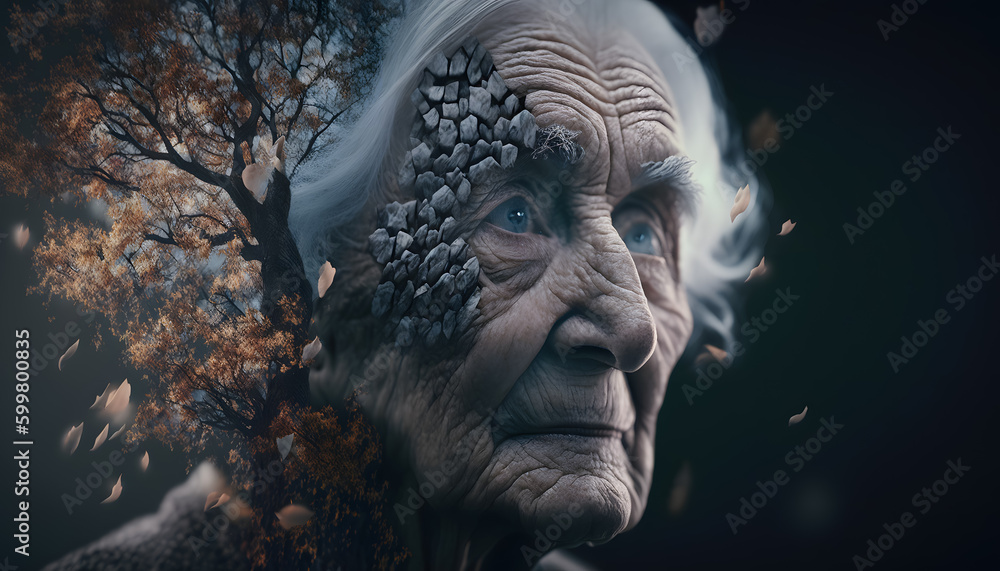 Concept dementia, memory loss. Senior old woman losing parts of head as symbol of decreased mind function. Generation AI