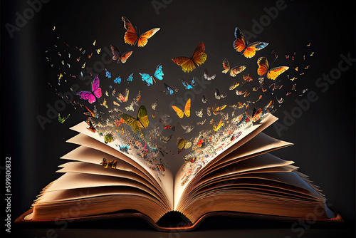 Open book with colorful butterflies flying out of the pages (Generative AI) © Robert Kneschke