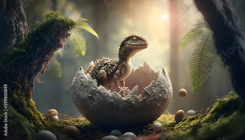 Fototapeta Naklejka Na Ścianę i Meble -  Young dinosaur T Rex hatches from an egg in forest in habitat, Jurassic period. Generation AI