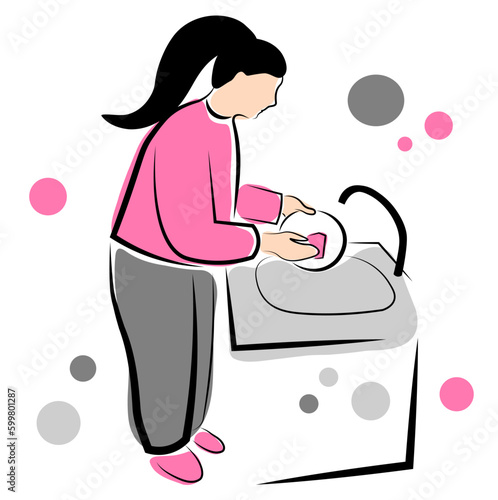 The woman washes the dishes. Vector image isolated on white background