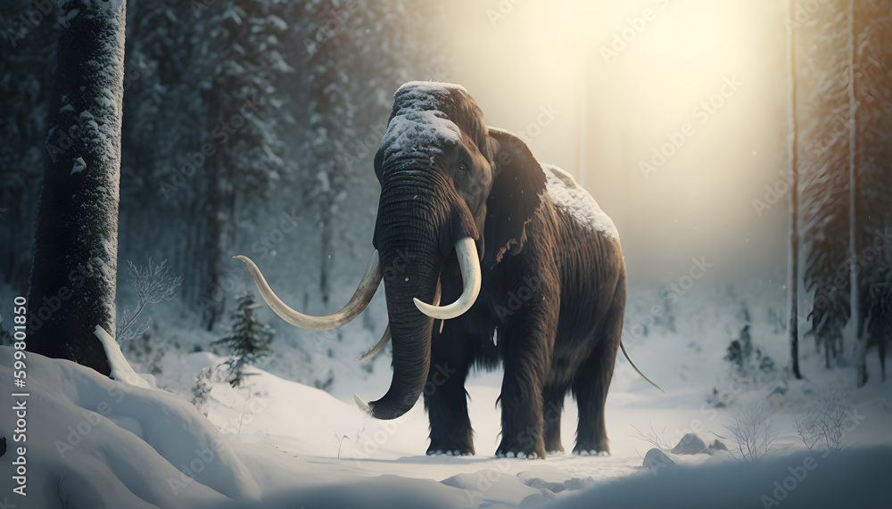 Woolly mammoth with sunlight, prehistoric animal in landscape frozen ...