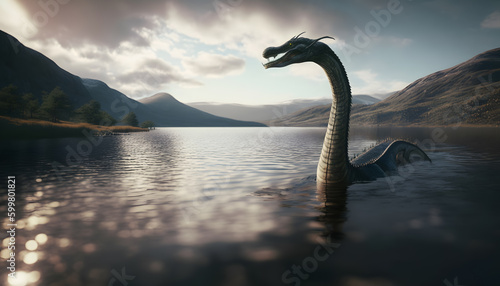 Loch Ness Monster Nessie in water lake. Generation AI © Adin