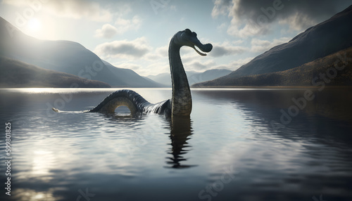 Loch Ness Monster Nessie in water lake. Generation AI photo