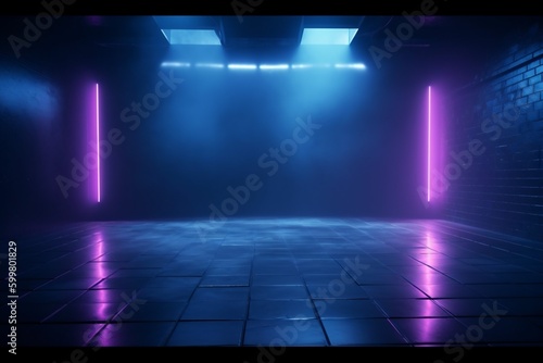 neon light smoke background blue abstract rays room fog space hall. Generative AI.