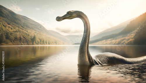 Loch Ness Monster Nessie in water lake. Generation AI © Adin