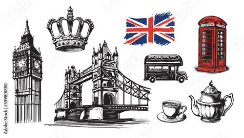 Big Ben, Tower bridge, telephone booth, hand drawn illustrations, sketch style. Vector.	
