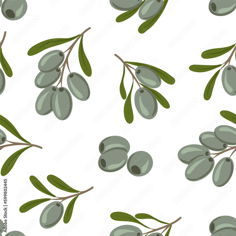 Naklejka premium Seamless pattern with green olive branches on white background. Hand drawn watercolor illustration.