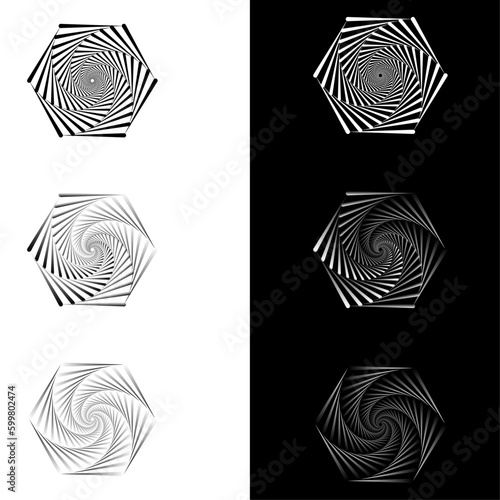 Set of Hexagonal black and white lines spiral vector illustration 