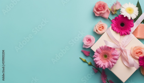 Happy Mother's Day, Women's Day, Valentine's Day, or Birthday Pastel Candy Colors Background. Floral flat lay greeting card with beautifully wrapped present and copy space © ASHFAQ