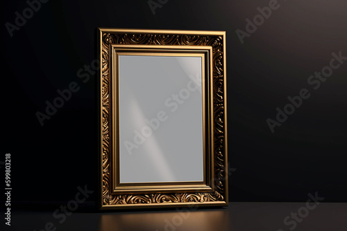 a gold-framed mirror sitting on top of a table on black background. 