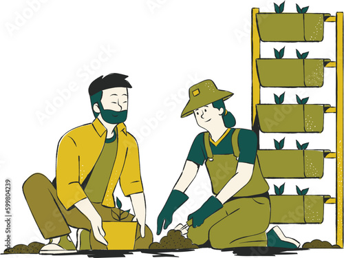 Gardener and gardener working together in the garden vector illustration