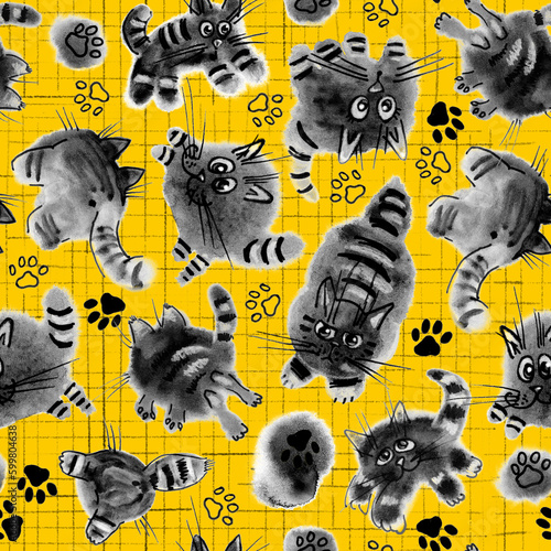 Naughty funny kittens, Seamless pattern for fabric, stationery, notebooks, gray watercolor kittens play on a yellow background