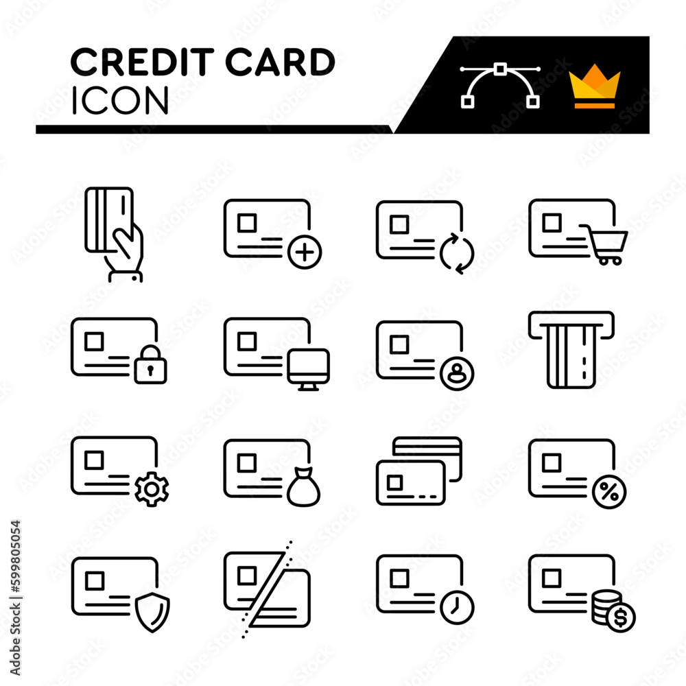 Credit Card Line Vector Icons Set. Simple Flat Icon. Editable Stroke
