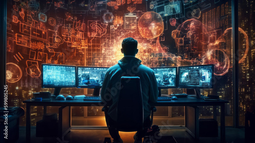 A faceless hacker in front of multiple computer screens. Server room. Wearing a hoodie. Cybersecurity, Cyber awareness training. Generative AI.