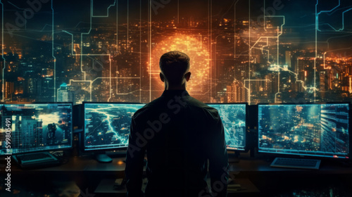 A man in front of a futuristic display and computer screens with a cityscape in the background. Cybersecurity, Cyber awareness, Cyber training. Generative AI.