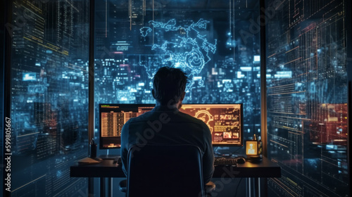 A man in front of a futuristic computer screen with a cityscape in the background. Cybersecurity  Cyber awareness  Cyber training. Generative AI.