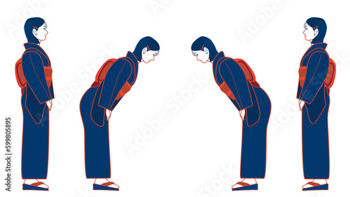 丁寧な接客をする若女将。お辞儀をする日本人女性のイラスト。