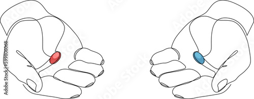 Hands hold red pill and blue pill. Decision making and choice concept. One continuous line art drawing. Vector illustration.