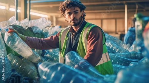 The worker pushes plastic bottles with a shovel for recycling. Working at a recycling factory, Generative AI