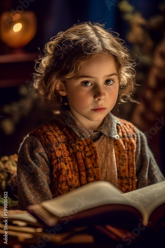 Portrait of a little girl reading an adventure book - ai generative