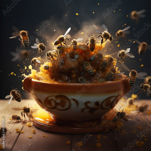 bees flew to honey, wasps flew to honey. genus of bees honey. many insects generated by AI © Наталія Мацола