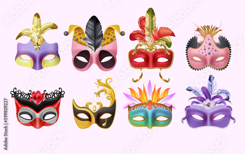 Venice carnival masks. Masquerade party. 3D performance costume. Realistic face for joker or ball. Theater or fashion show. Theatrical disguise. Venetian parade. Vector exact image set