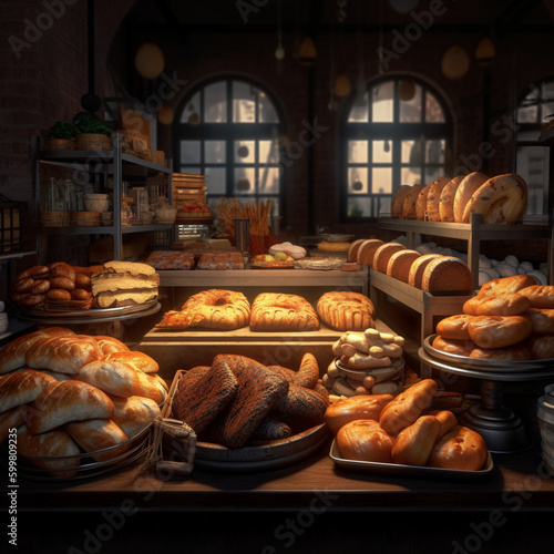 bakery. sale of pastries, sale of buns and bread, various delicious pastries. pastries on display generated by AI
