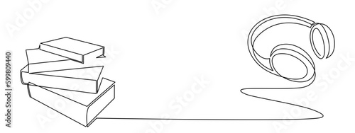 Headphone and book one line art,hand drawn audio reading device,listening audiobook wireless gadget continuous contour.Education and studying concept,technology for audition text outline.Editable