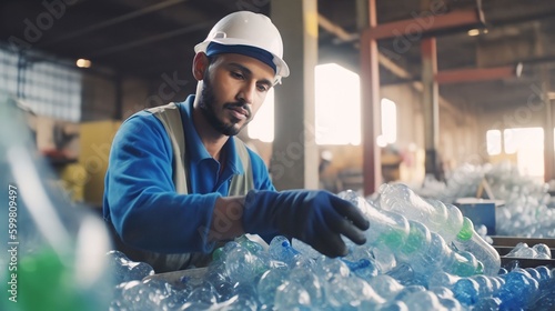 The worker pushes plastic bottles with a shovel for recycling. Working at a recycling factory, Generative AI