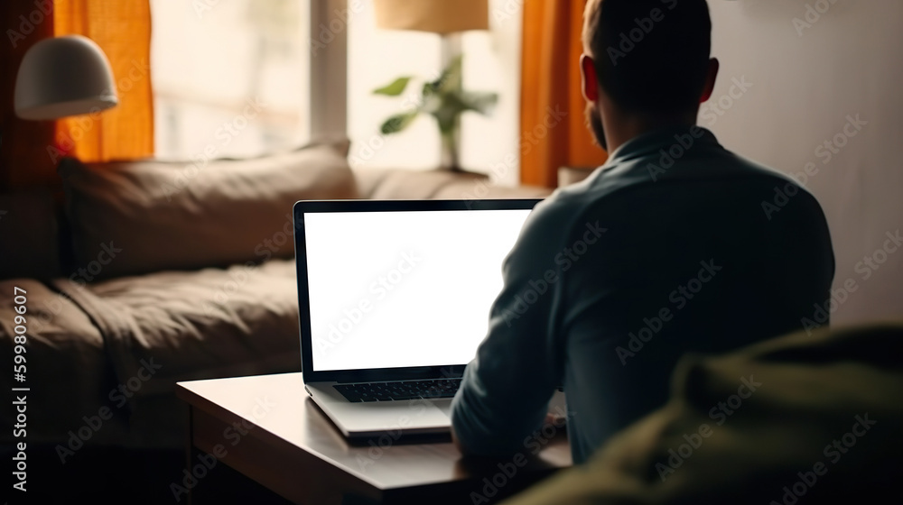 Student or freelancer working at home on a laptop with a cut out screen. Based on Generative AI Student or freelancer working at home on a laptop with a cut out screen. Based on Generative AI