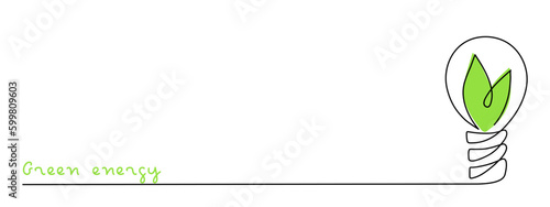 Green energy idea concept.Light bulb with leafs,one line art,hand drawn continuous contour.Sign of environmental friendliness.Decoration for banners,stories,posters.Editable stroke.Isolated.Vector