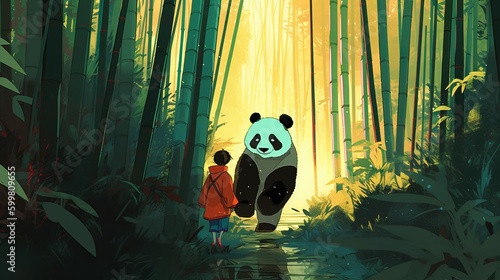 a boy walking with his pet panda through a bamboo forest  intricate details  massive scale  dramatic composition  gradient  modern anime concept art  wallpaper  Generative AI