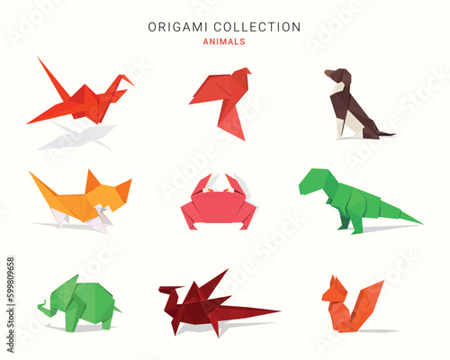 Set of origami paper animals. Crane, Bird, Dog, Cat, Crab, Dinosaur, Elephant, Dragon, Squirrel.