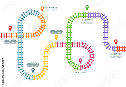 Track railway map. Train railroad. Top view of station route or maze. Cargo rail road. City transport information design. Locomotive way. Metro traffic. Vector utter graphic illustration photo