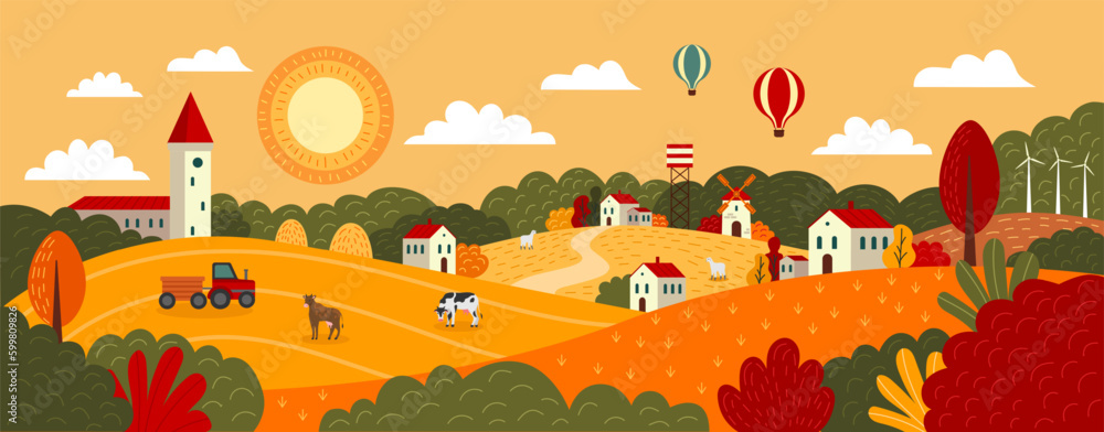 Autumn village landscape. Minimal city scenery. Fall town. Geometric buildings and trees. Scenic skyline. Sky clouds. Mountains and yellow agriculture fields. Vector tidy flat illustration