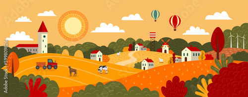 Fototapeta Naklejka Na Ścianę i Meble -  Autumn village landscape. Minimal city scenery. Fall town. Geometric buildings and trees. Scenic skyline. Sky clouds. Mountains and yellow agriculture fields. Vector tidy flat illustration