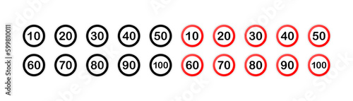 Road sign. Speed limit icon set. Flat, color, speed. Traffic rules