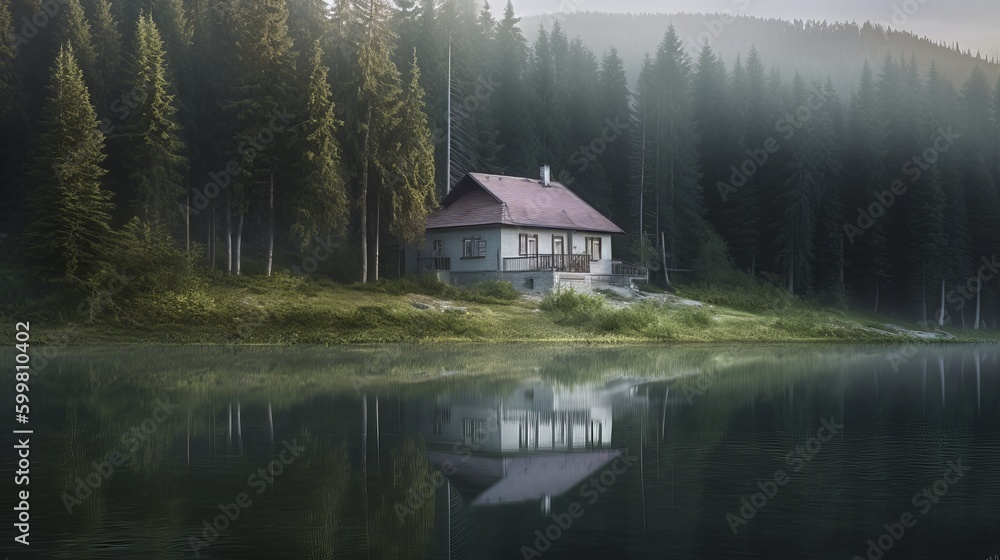 Obraz premium photography of a lonely house on the shore of a lake in the mountains, the house stands in a forest among tall green pines and firs, house on the lake, cabin in the woods, Generative AI
