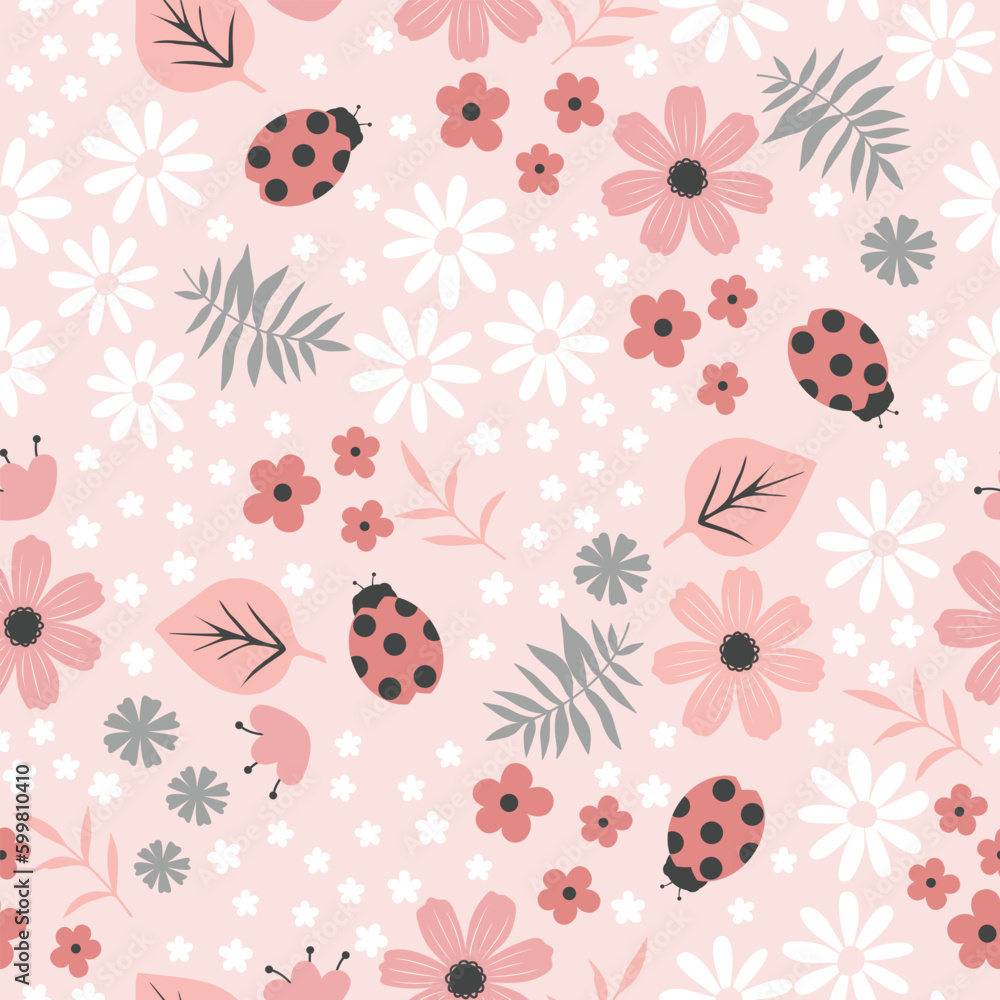 Seamless pink flourish pattern with field flowers, plants and ladybugs