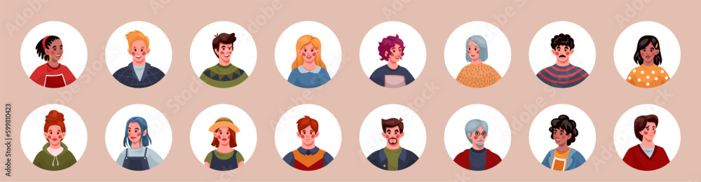 People avatars. Persons face in circle, employee portraits for business team, divorce man and woman, user head. User profile picture. Round icons vector tidy cartoon flat contemporary characters People avatars. Persons face in circle, employee portraits for business team, divorce man and woman, user head. User profile picture. Round icons vector tidy cartoon flat contemporary characters