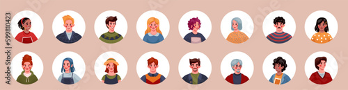People avatars. Persons face in circle, employee portraits for business team, divorce man and woman, user head. User profile picture. Round icons vector tidy cartoon flat contemporary characters