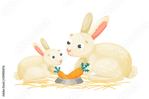 Mother and baby rabbit eating carrot. White Rabbits family. Cute vector cartoon illustration.