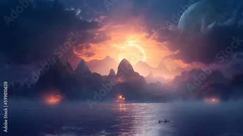 beautiful oriental background spacescape, sunrise over the mountains, sunrise in the mountains, wallpaper, Generative AI