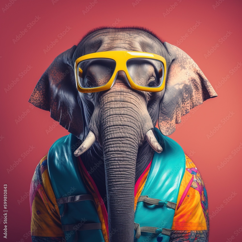 An Elephant with sunglasses and a life vest An Elephant with sunglasses and a life vest