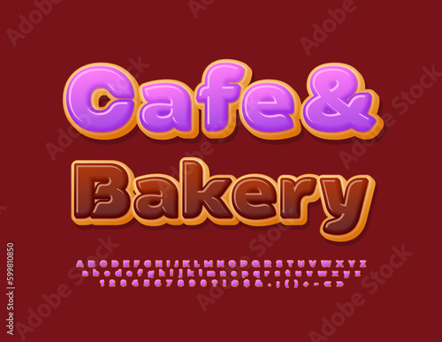 Vector tasty Poster Cafe and Bakery. Bright creative Font. Sweet Donut Alphabet Letters and Numbers.
