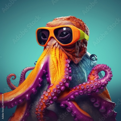 An octopus with sunglasses and a life vest © Yann